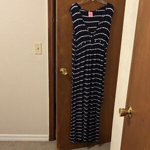 Navy and White Striped Maternity Dress  Self Tie Belt Slvls Maxi Sz XL